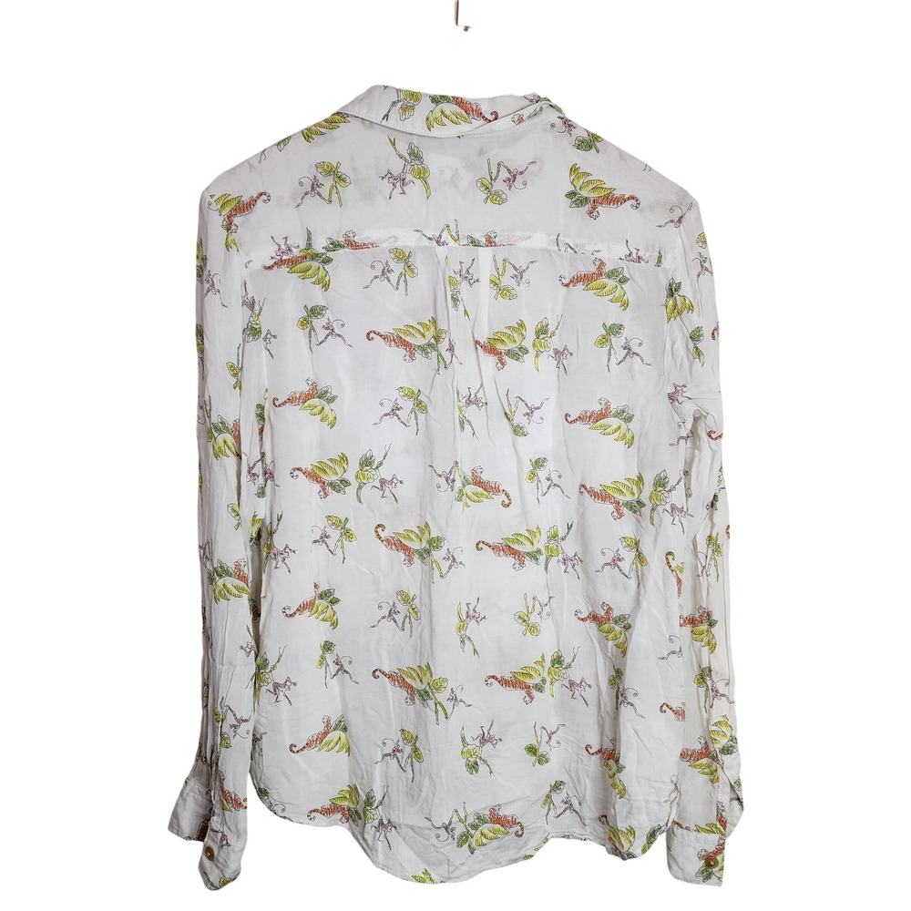 Maeve Anthropologie Button Down Shirt Womens 10 White Animal Monkey Tiger Print - Picture 2 of 7